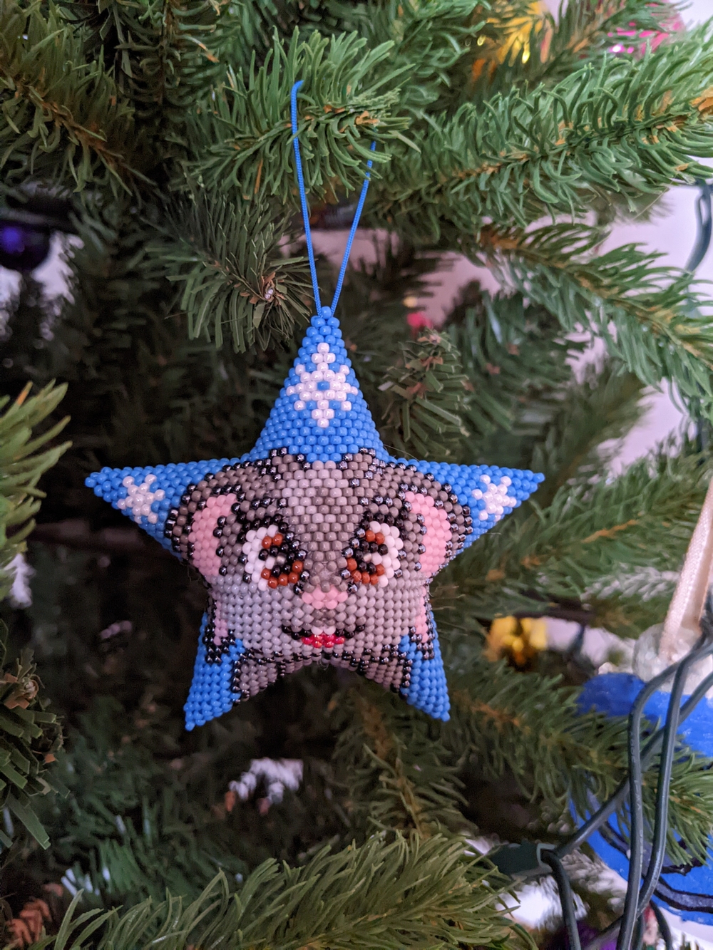 Handcrafted Blue Beaded Star Ornament Bunny
